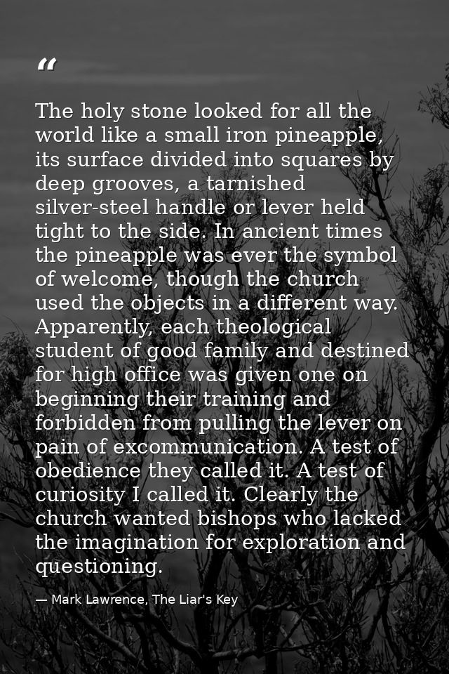 The holy stone looked for all the world like a small iron pineapple, its surface divided into squares by deep grooves, a — Mark Lawrence, The Liar's Key