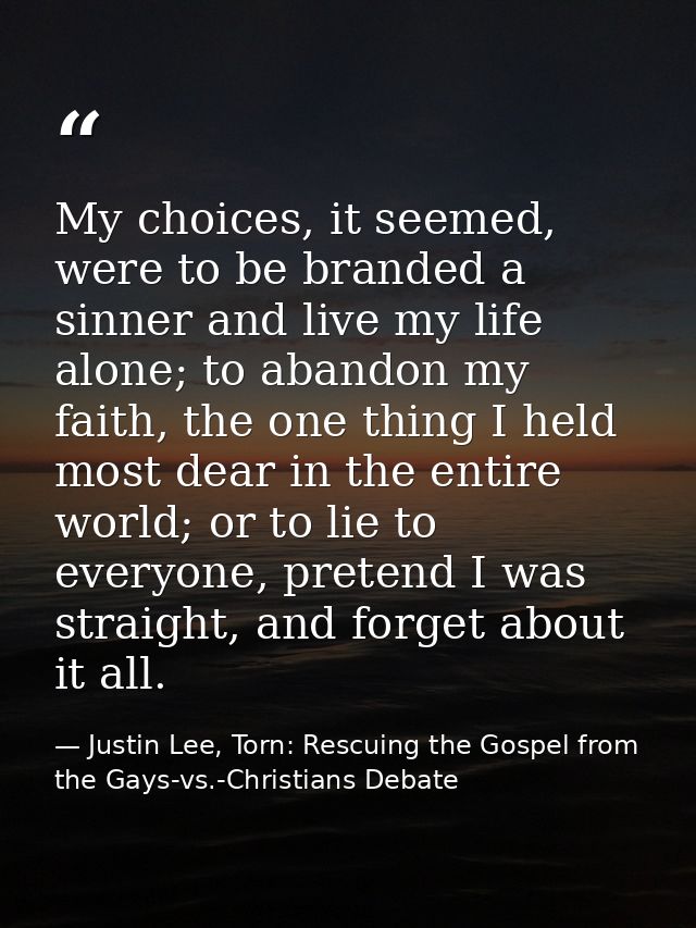 My choices, it seemed, were to be branded a sinner and live my life alone; to abandon my faith, the one thing I held mos — Justin Lee, Torn: Rescuing the Gospel from the Gays-vs.-Christians Debate