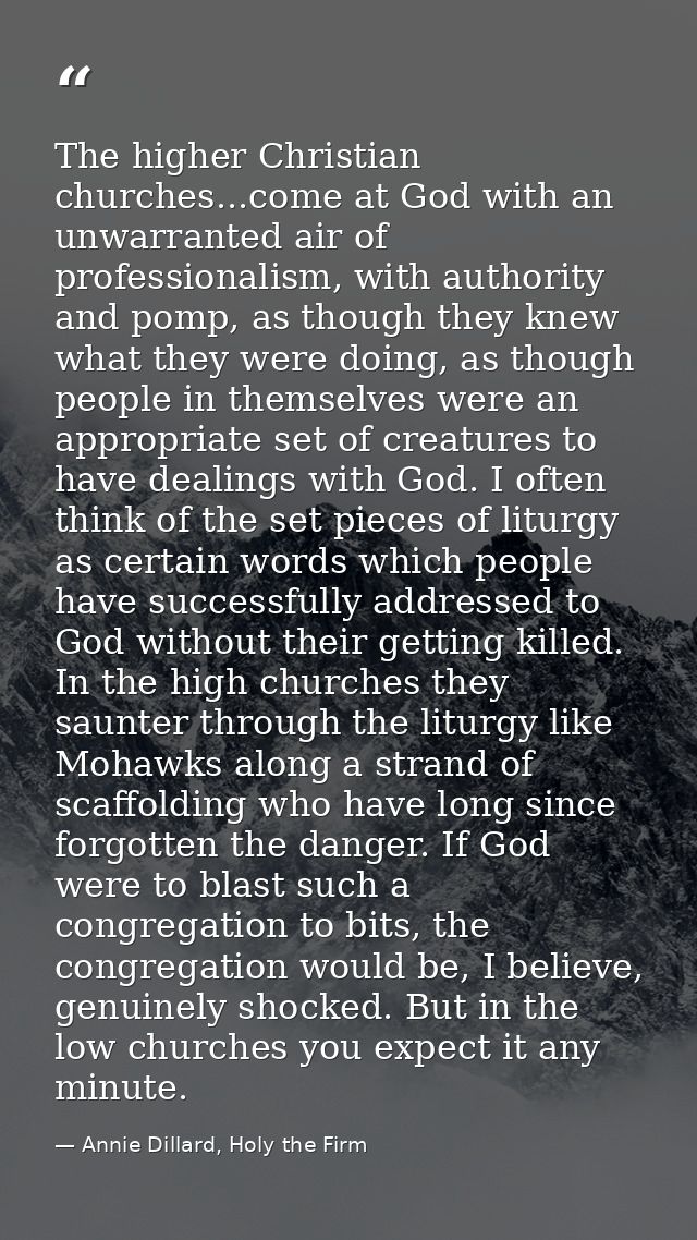 The higher Christian churches...come at God with an unwarranted air of professionalism, with authority and pomp, as thou — Annie Dillard, Holy the Firm