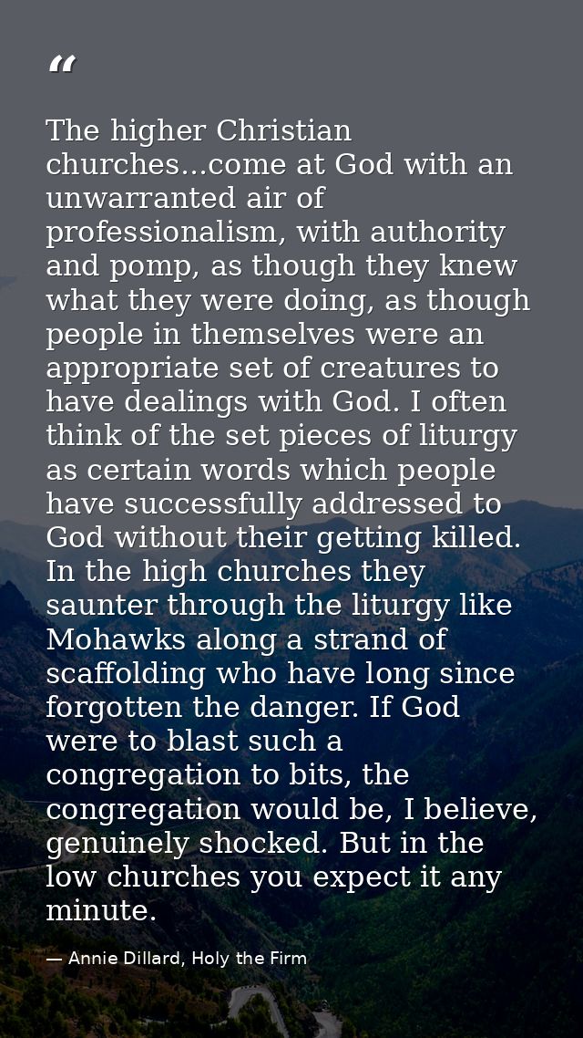 The higher Christian churches...come at God with an unwarranted air of professionalism, with authority and pomp, as thou — Annie Dillard, Holy the Firm