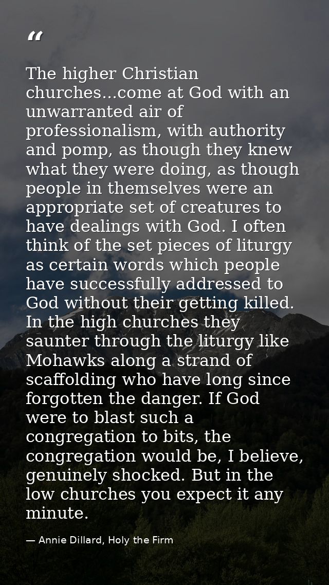 The higher Christian churches...come at God with an unwarranted air of professionalism, with authority and pomp, as thou — Annie Dillard, Holy the Firm
