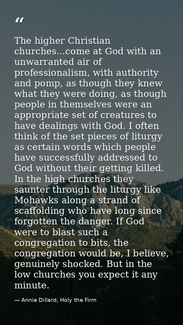 The higher Christian churches...come at God with an unwarranted air of professionalism, with authority and pomp, as thou — Annie Dillard, Holy the Firm