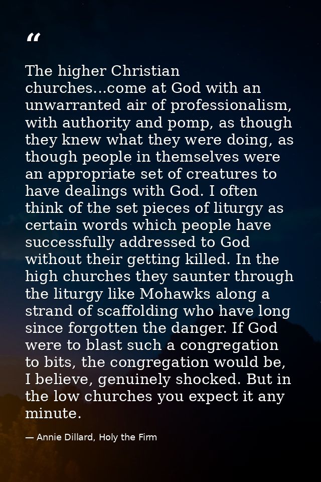 The higher Christian churches...come at God with an unwarranted air of professionalism, with authority and pomp, as thou — Annie Dillard, Holy the Firm