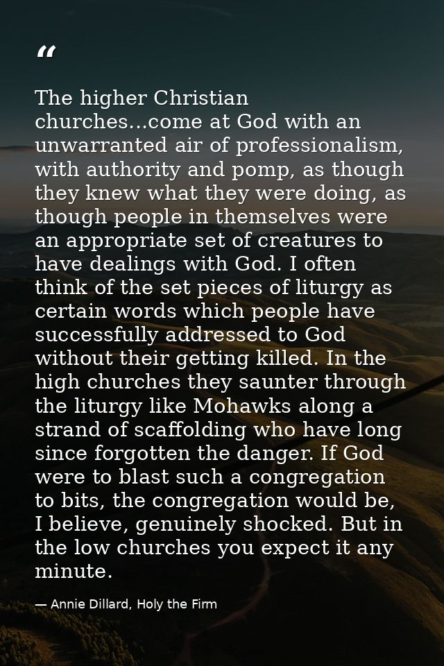 The higher Christian churches...come at God with an unwarranted air of professionalism, with authority and pomp, as thou — Annie Dillard, Holy the Firm