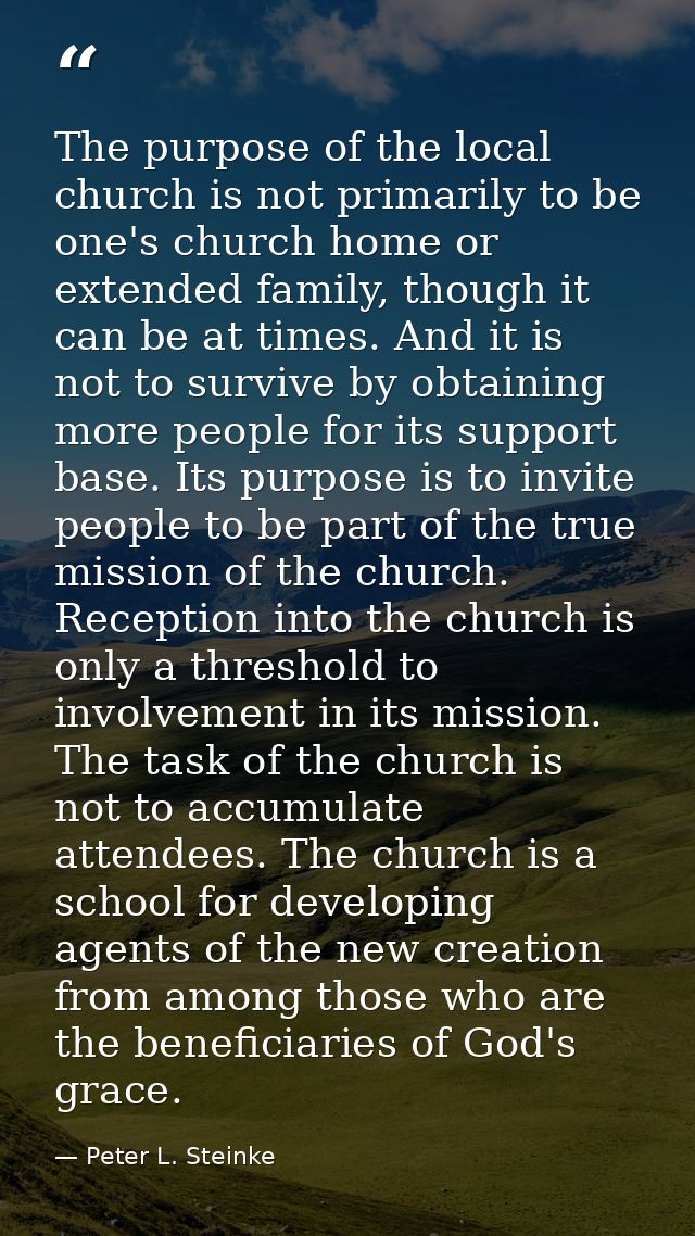 The purpose of the local church is not primarily to be one's church home or extended family, though it can be at times.  — Peter L. Steinke