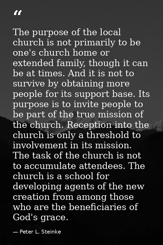 The purpose of the local church is not primarily to be one's church home or extended family, though it can be at times.  — Peter L. Steinke