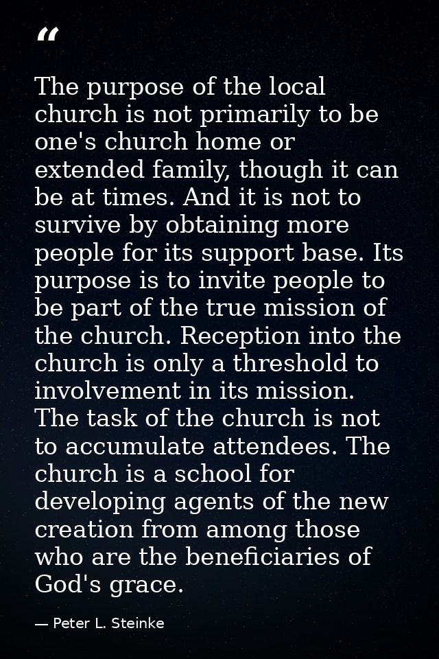 The purpose of the local church is not primarily to be one's church home or extended family, though it can be at times.  — Peter L. Steinke