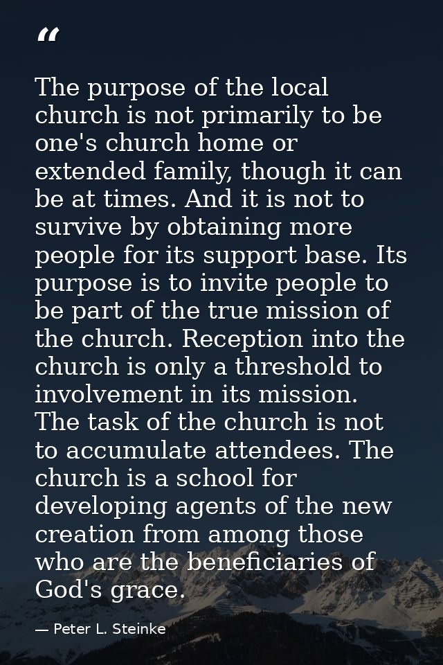 The purpose of the local church is not primarily to be one's church home or extended family, though it can be at times.  — Peter L. Steinke