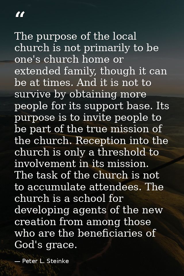 The purpose of the local church is not primarily to be one's church home or extended family, though it can be at times.  — Peter L. Steinke