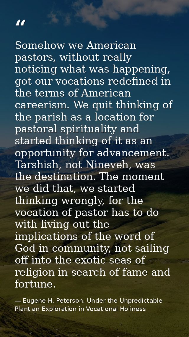 Somehow we American pastors, without really noticing what was happening, got our vocations redefined in the terms of Ame — Eugene H. Peterson, Under the Unpredictable Plant an Exploration in Vocational Holiness
