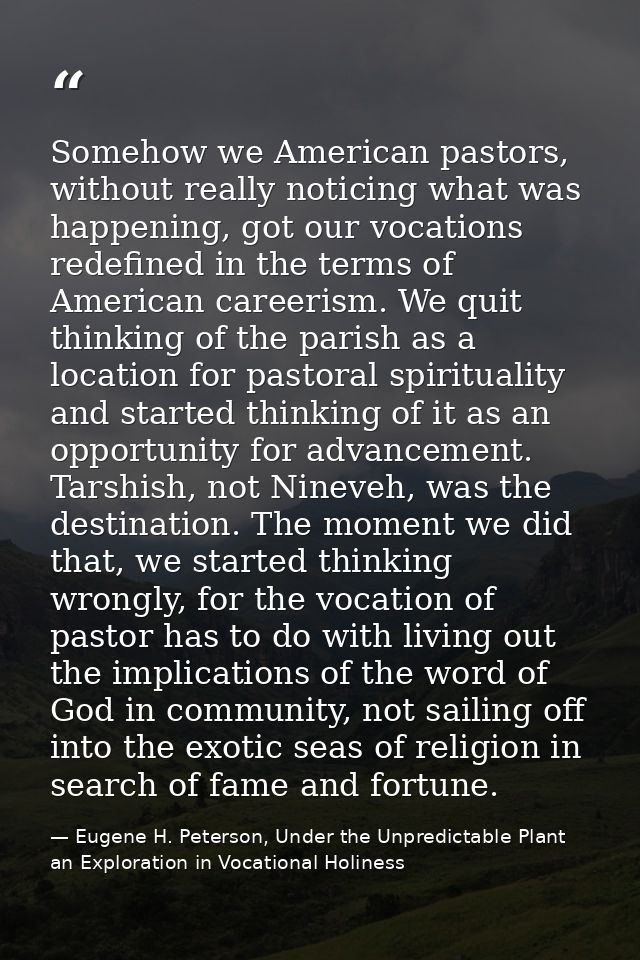 Somehow we American pastors, without really noticing what was happening, got our vocations redefined in the terms of Ame — Eugene H. Peterson, Under the Unpredictable Plant an Exploration in Vocational Holiness