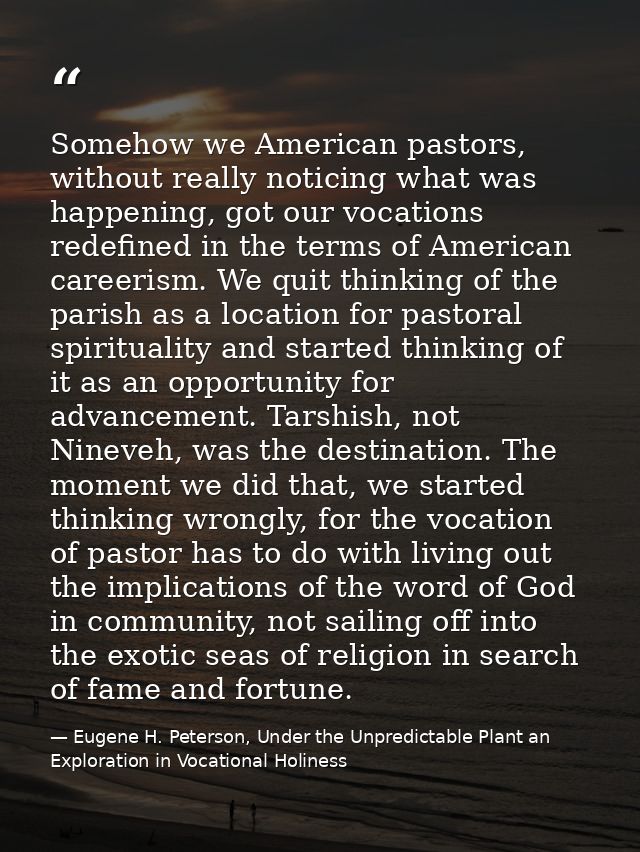 Somehow we American pastors, without really noticing what was happening, got our vocations redefined in the terms of Ame — Eugene H. Peterson, Under the Unpredictable Plant an Exploration in Vocational Holiness