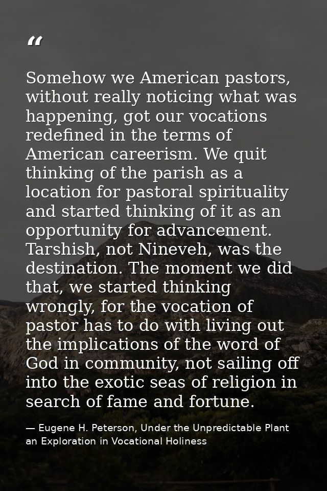 Somehow we American pastors, without really noticing what was happening, got our vocations redefined in the terms of Ame — Eugene H. Peterson, Under the Unpredictable Plant an Exploration in Vocational Holiness