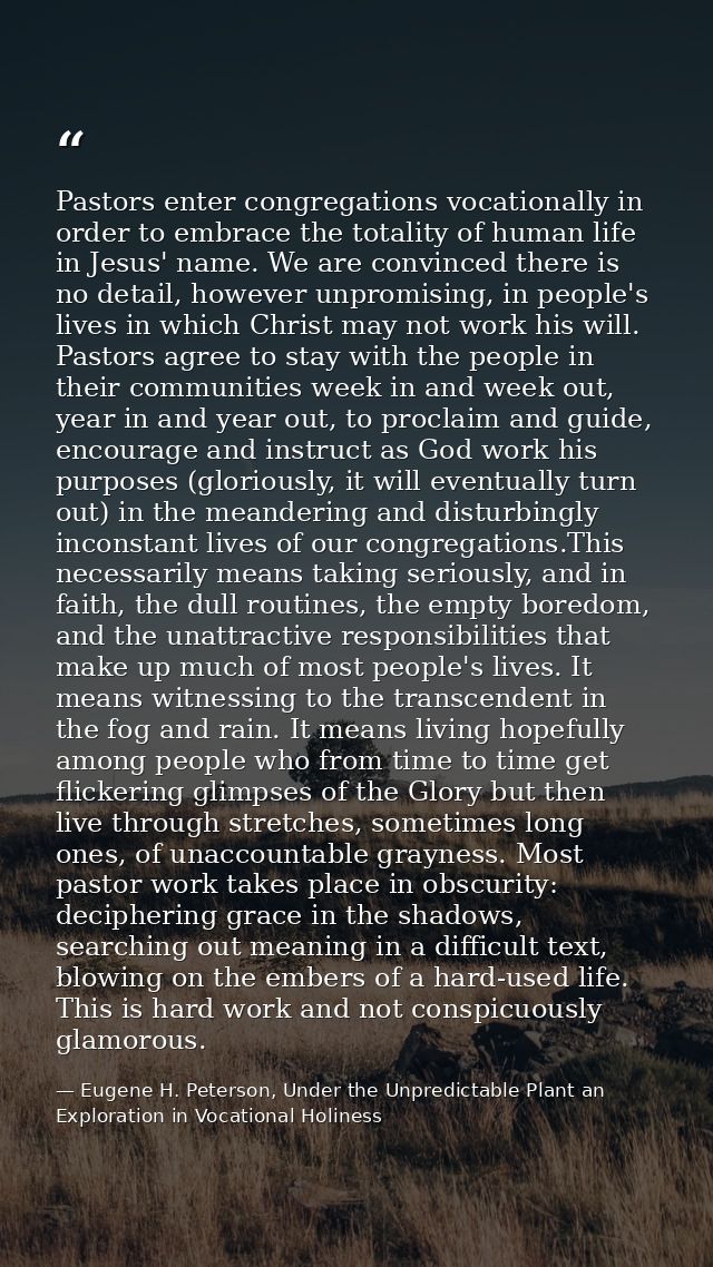 Pastors enter congregations vocationally in order to embrace the totality of human life in Jesus' name. We are convinced — Eugene H. Peterson, Under the Unpredictable Plant an Exploration in Vocational Holiness