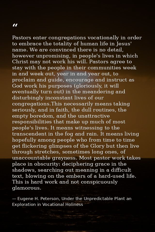 Pastors enter congregations vocationally in order to embrace the totality of human life in Jesus' name. We are convinced — Eugene H. Peterson, Under the Unpredictable Plant an Exploration in Vocational Holiness