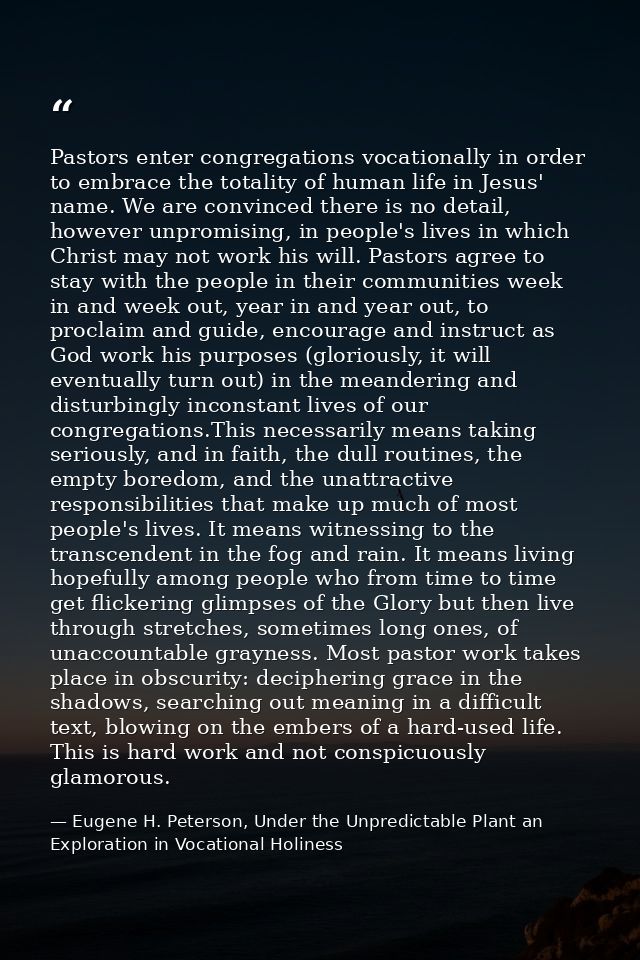 Pastors enter congregations vocationally in order to embrace the totality of human life in Jesus' name. We are convinced — Eugene H. Peterson, Under the Unpredictable Plant an Exploration in Vocational Holiness