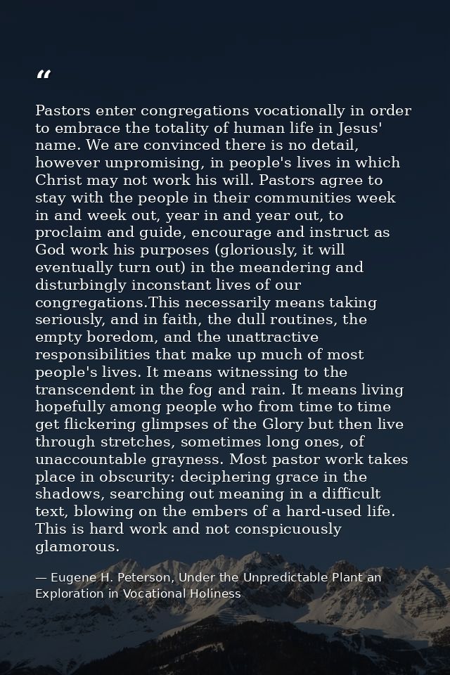Pastors enter congregations vocationally in order to embrace the totality of human life in Jesus' name. We are convinced — Eugene H. Peterson, Under the Unpredictable Plant an Exploration in Vocational Holiness