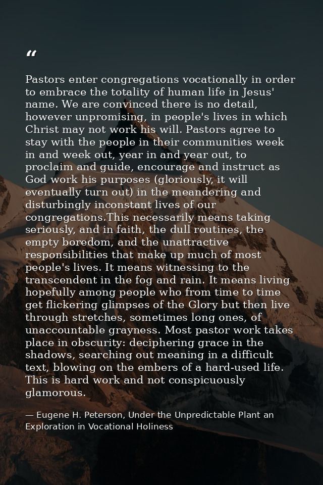 Pastors enter congregations vocationally in order to embrace the totality of human life in Jesus' name. We are convinced — Eugene H. Peterson, Under the Unpredictable Plant an Exploration in Vocational Holiness