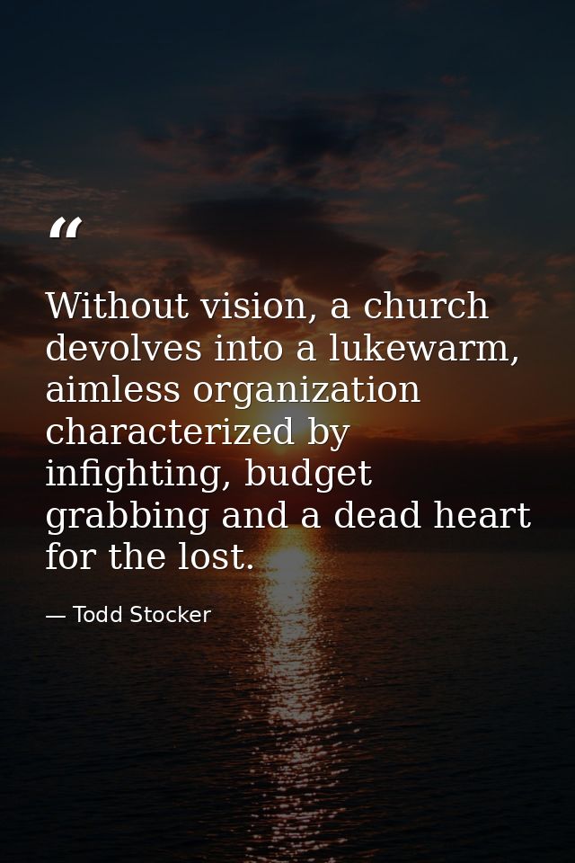 Without vision, a church devolves into a lukewarm, aimless organization characterized by infighting, budget grabbing and — Todd Stocker