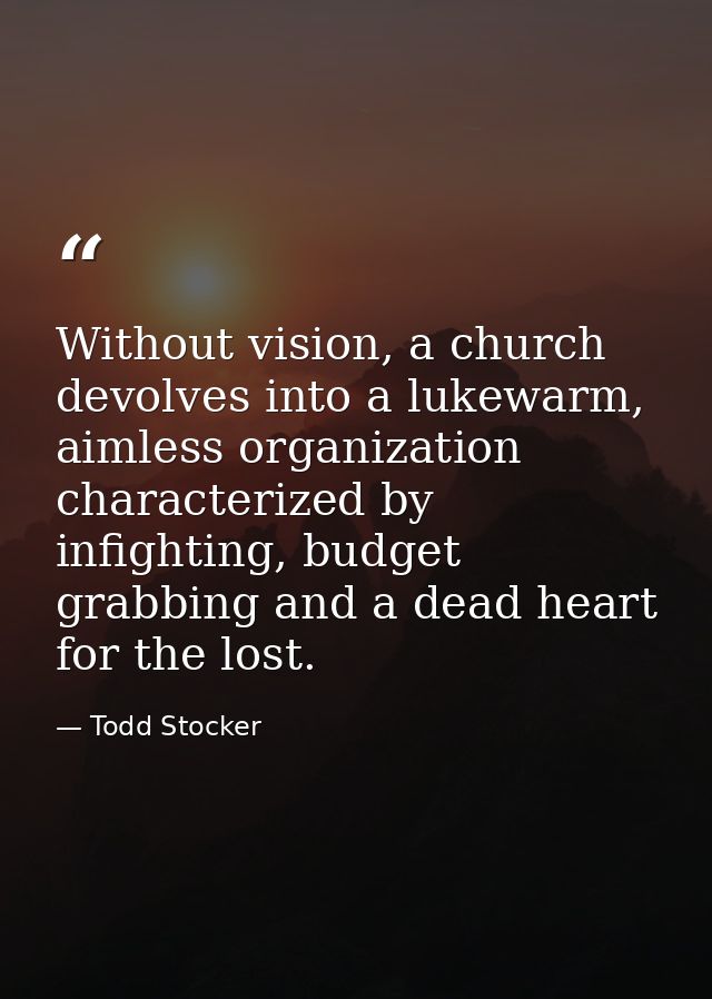 Without vision, a church devolves into a lukewarm, aimless organization characterized by infighting, budget grabbing and — Todd Stocker