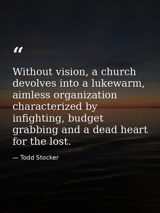 Without vision, a church devolves into a lukewarm, aimless organization characterized by infighting, budget grabbing and — Todd Stocker