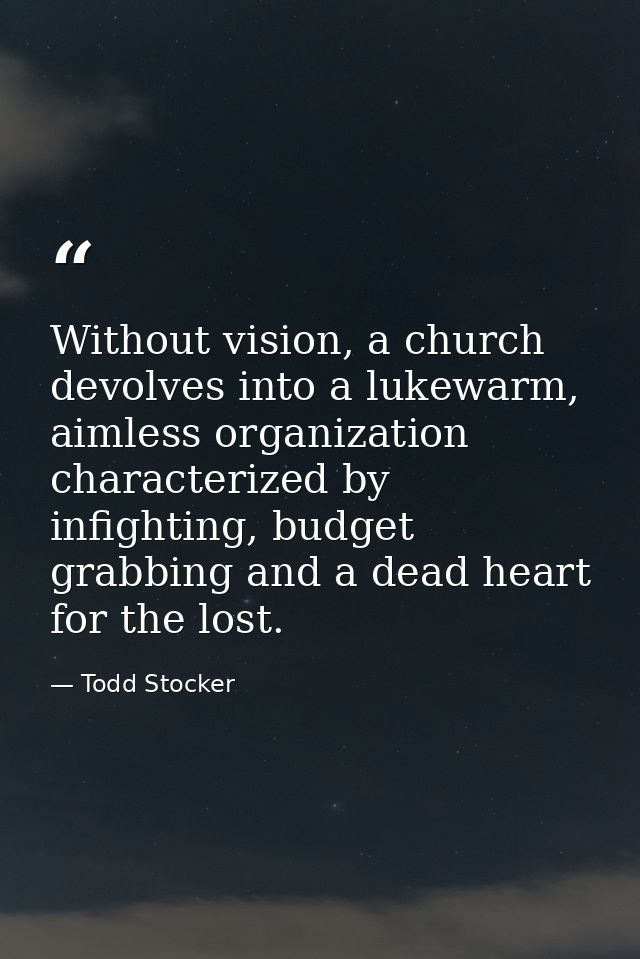 Without vision, a church devolves into a lukewarm, aimless organization characterized by infighting, budget grabbing and — Todd Stocker