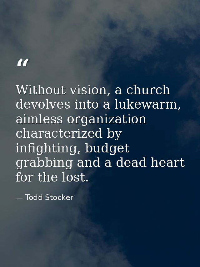 Without vision, a church devolves into a lukewarm, aimless organization characterized by infighting, budget grabbing and — Todd Stocker