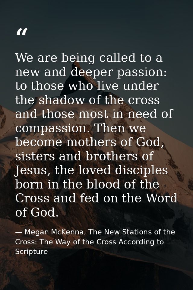 We are being called to a new and deeper passion: to those who live under the shadow of the cross and those most in need  — Megan McKenna, The New Stations of the Cross: The Way of the Cross According to Scripture