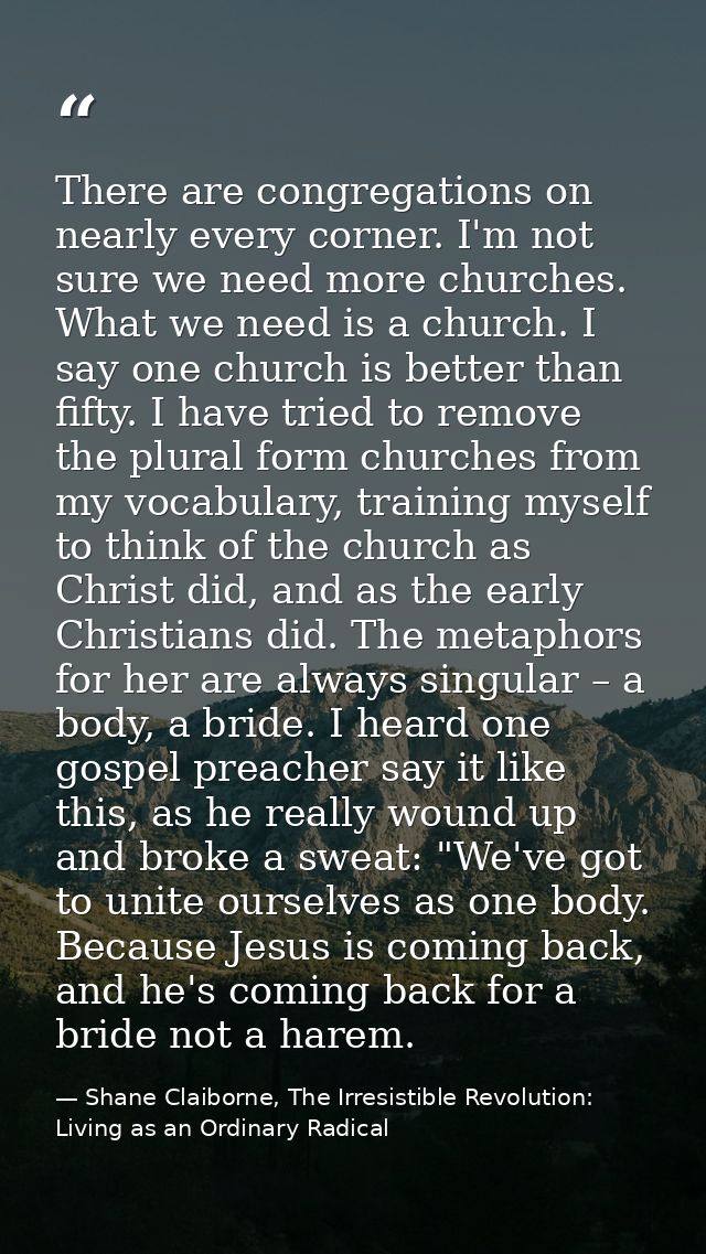 There are congregations on nearly every corner. I'm not sure we need more churches. What we need is a church. I say one  — Shane Claiborne, The Irresistible Revolution: Living as an Ordinary Radical