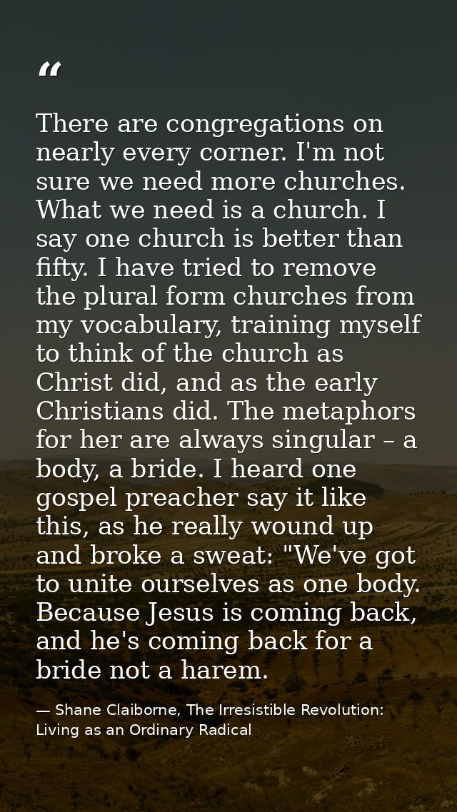 There are congregations on nearly every corner. I'm not sure we need more churches. What we need is a church. I say one  — Shane Claiborne, The Irresistible Revolution: Living as an Ordinary Radical