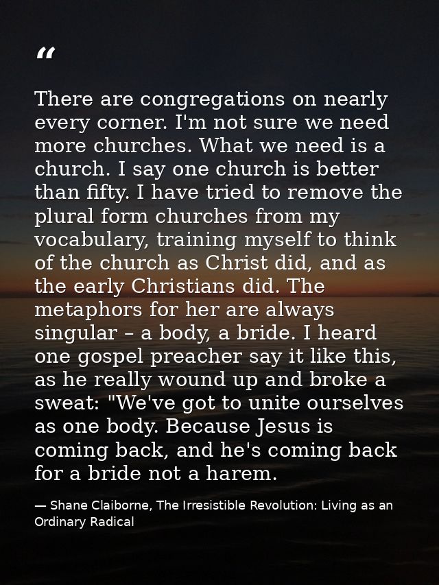 There are congregations on nearly every corner. I'm not sure we need more churches. What we need is a church. I say one  — Shane Claiborne, The Irresistible Revolution: Living as an Ordinary Radical