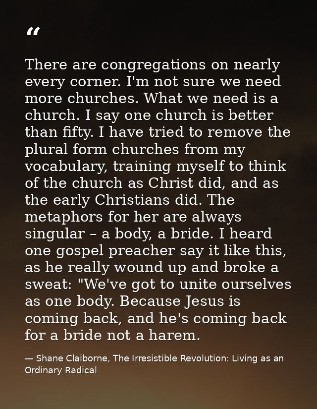 There are congregations on nearly every corner. I'm not sure we need more churches. What we need is a church. I say one  — Shane Claiborne, The Irresistible Revolution: Living as an Ordinary Radical