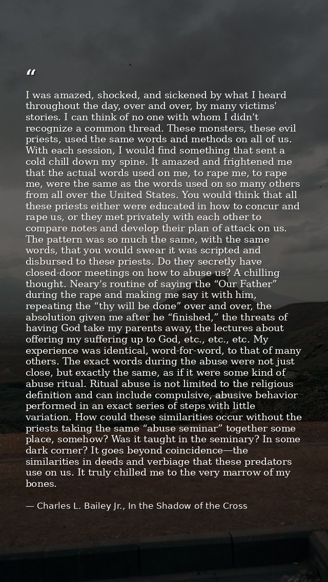 I was amazed, shocked, and sickened by what I heard throughout the day, over and over, by many victims' stories. I can t — Charles L. Bailey Jr., In the Shadow of the Cross