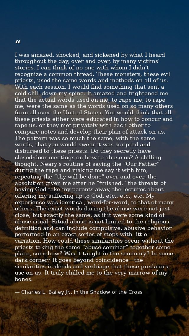 I was amazed, shocked, and sickened by what I heard throughout the day, over and over, by many victims' stories. I can t — Charles L. Bailey Jr., In the Shadow of the Cross