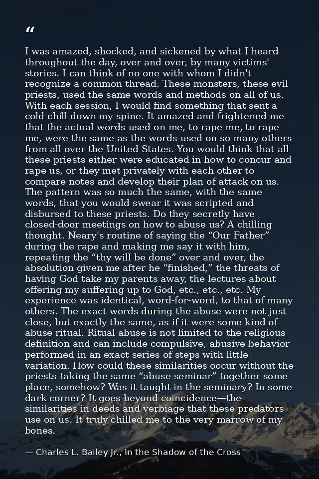 I was amazed, shocked, and sickened by what I heard throughout the day, over and over, by many victims' stories. I can t — Charles L. Bailey Jr., In the Shadow of the Cross