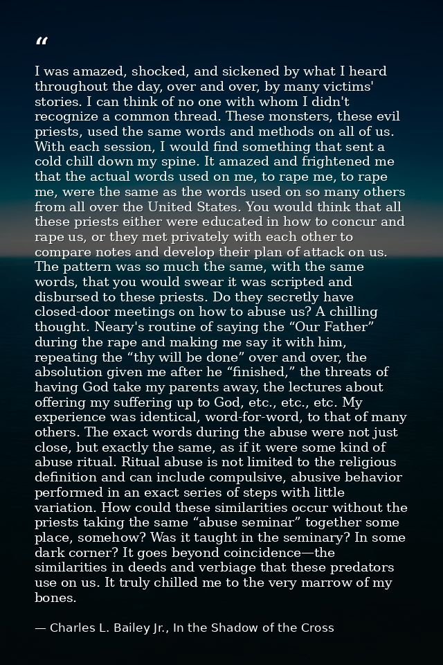 I was amazed, shocked, and sickened by what I heard throughout the day, over and over, by many victims' stories. I can t — Charles L. Bailey Jr., In the Shadow of the Cross