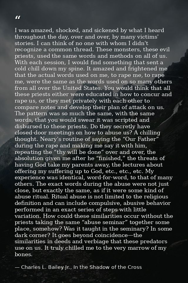 I was amazed, shocked, and sickened by what I heard throughout the day, over and over, by many victims' stories. I can t — Charles L. Bailey Jr., In the Shadow of the Cross