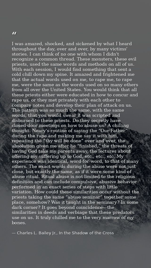 I was amazed, shocked, and sickened by what I heard throughout the day, over and over, by many victims' stories. I can t — Charles L. Bailey Jr., In the Shadow of the Cross