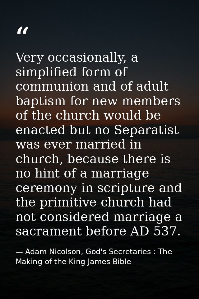 Very occasionally, a simplified form of communion and of adult baptism for new members of the church would be enacted bu — Adam Nicolson, God's Secretaries : The Making of the King James Bible