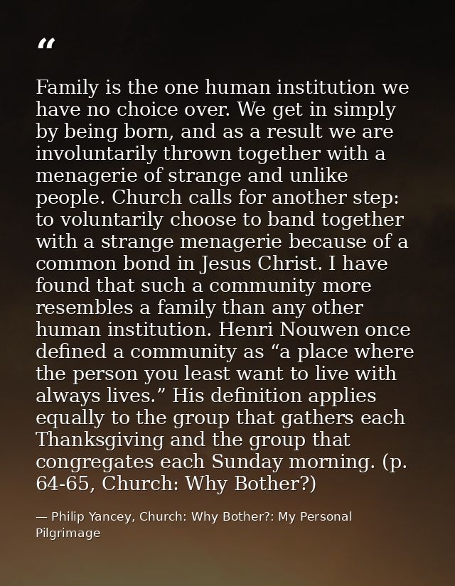 Family is the one human institution we have no choice over. We get in simply by being born, and as a result we are invol — Philip Yancey, Church: Why Bother?: My Personal Pilgrimage