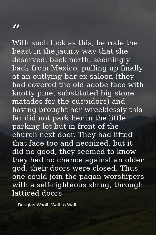 With such luck as this, he rode the beast in the jaunty way that she deserved, back north, seemingly back from Mexico, p — Douglas Woolf, Wall to Wall