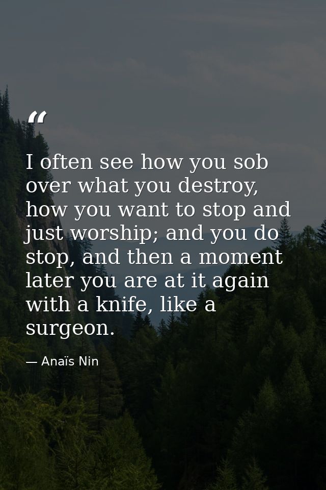 I often see how you sob over what you destroy, how you want to stop and just worship; and you do stop, and then a moment — Anaïs Nin