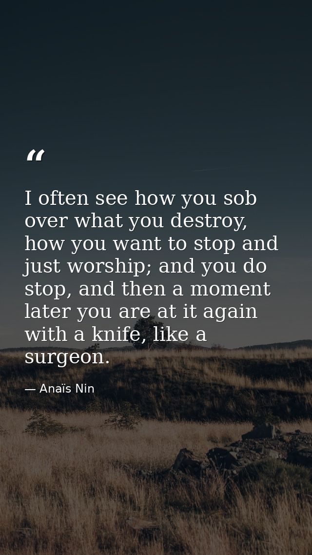 I often see how you sob over what you destroy, how you want to stop and just worship; and you do stop, and then a moment — Anaïs Nin
