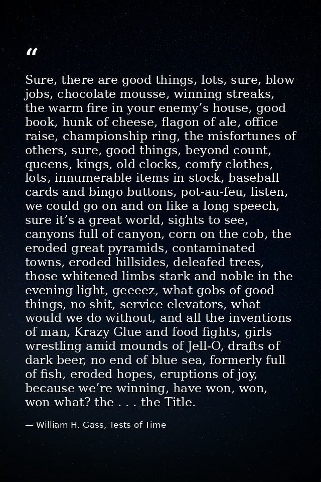 Sure, there are good things, lots, sure, blow jobs, chocolate mousse, winning streaks, the warm fire in your enemy’s hou — William H. Gass, Tests of Time