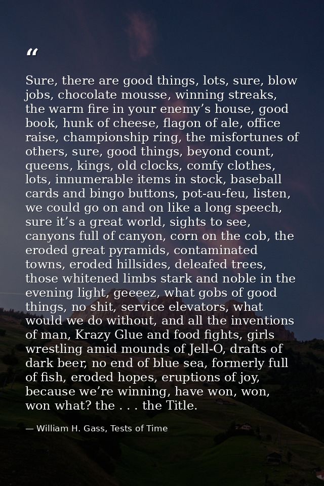 Sure, there are good things, lots, sure, blow jobs, chocolate mousse, winning streaks, the warm fire in your enemy’s hou — William H. Gass, Tests of Time