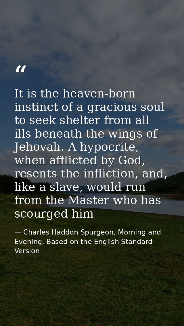It is the heaven-born instinct of a gracious soul to seek shelter from all ills beneath the wings of Jehovah. A hypocrit — Charles Haddon Spurgeon, Morning and Evening, Based on the English Standard Version