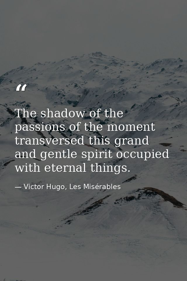 The shadow of the passions of the moment transversed this grand and gentle spirit occupied with eternal things. — Victor Hugo, Les Misérables