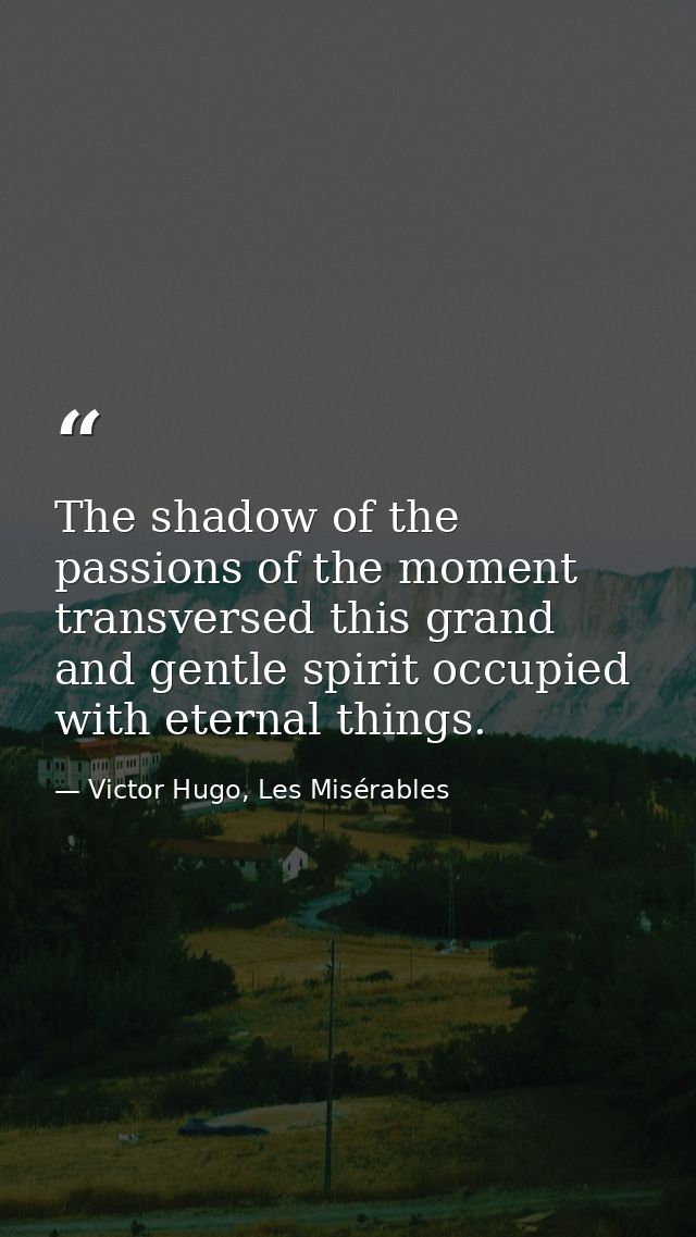 The shadow of the passions of the moment transversed this grand and gentle spirit occupied with eternal things. — Victor Hugo, Les Misérables