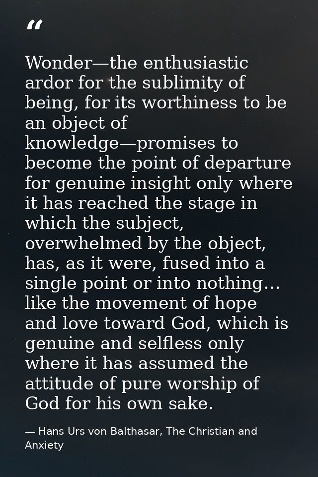 Wonder—the enthusiastic ardor for the sublimity of being, for its worthiness to be an object of knowledge—promises to be — Hans Urs von Balthasar, The Christian and Anxiety