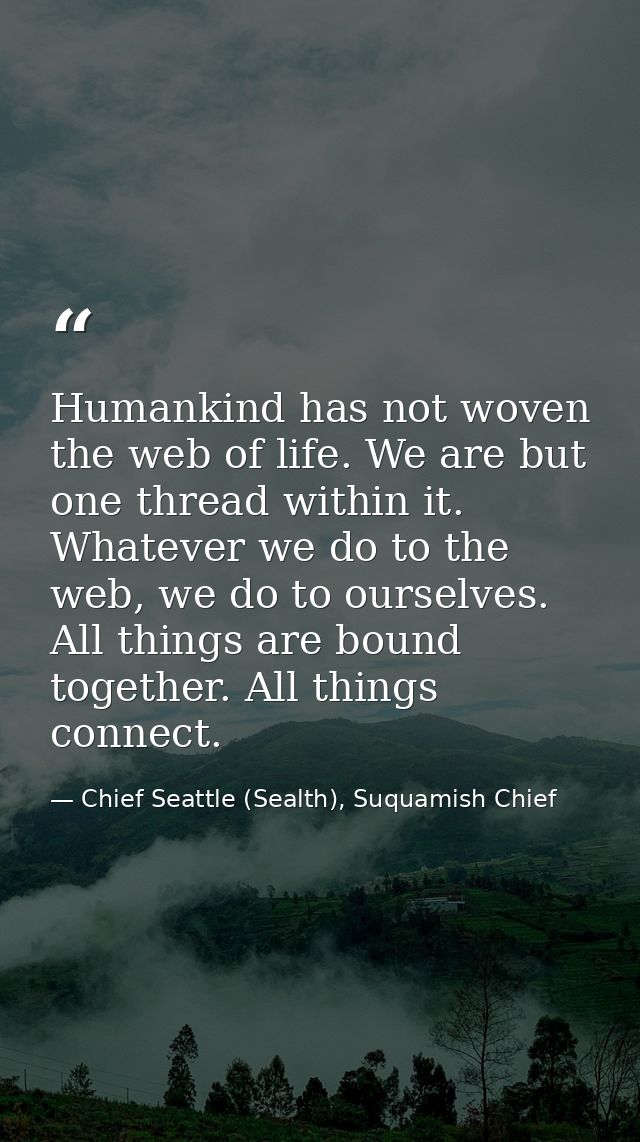Humankind has not woven the web of life. We are but one thread within it. Whatever we do to the web, we do to ourselves. — Chief Seattle (Sealth), Suquamish Chief